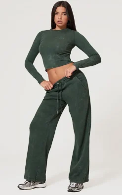 Discount PrettyLittleThing Washed Longline Cotton Long Sleeve Fitted T-shirt Forest Green