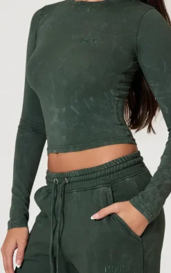 Discount PrettyLittleThing Washed Longline Cotton Long Sleeve Fitted T-shirt Forest Green