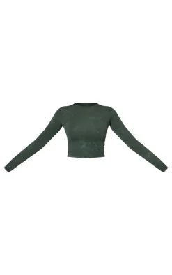Discount PrettyLittleThing Washed Longline Cotton Long Sleeve Fitted T-shirt Forest Green
