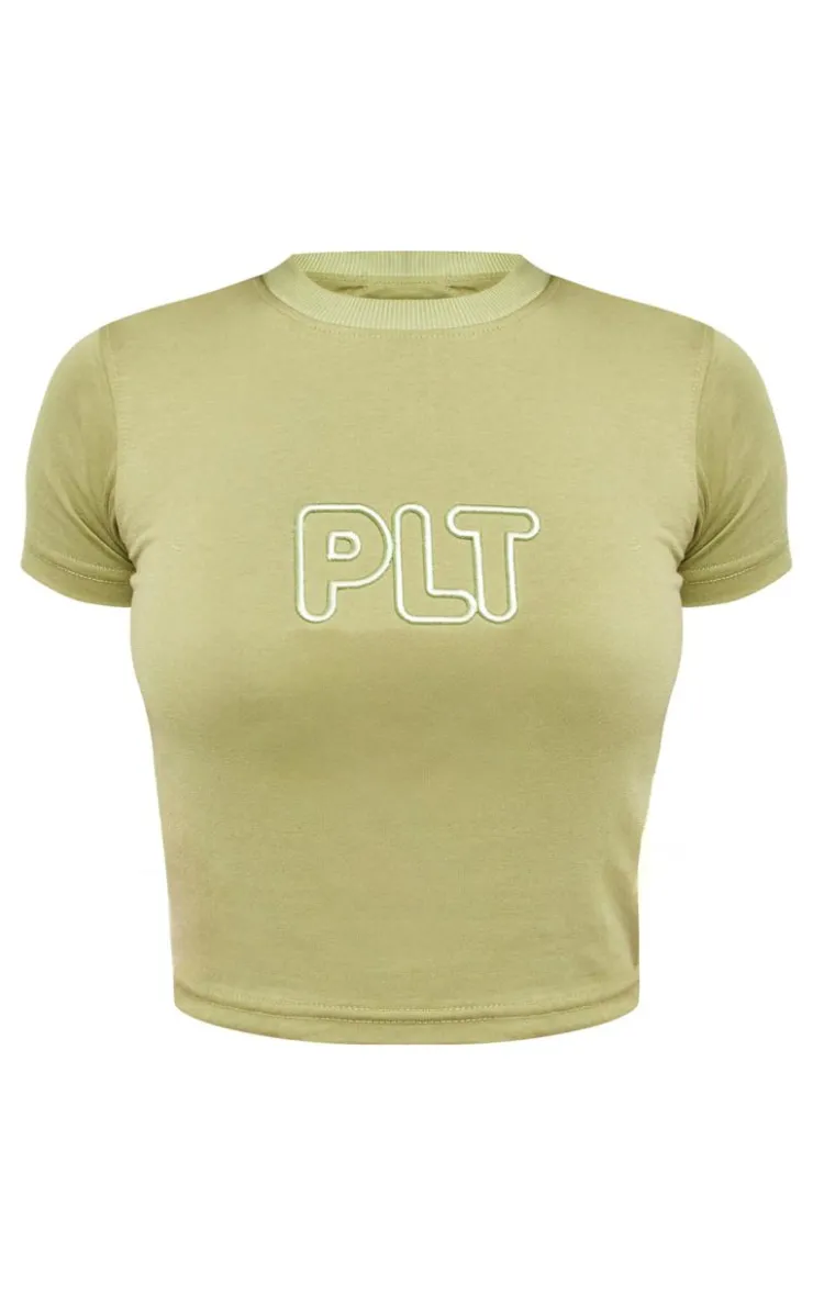 New PrettyLittleThing Embroidered Fitted T Shirt Green
