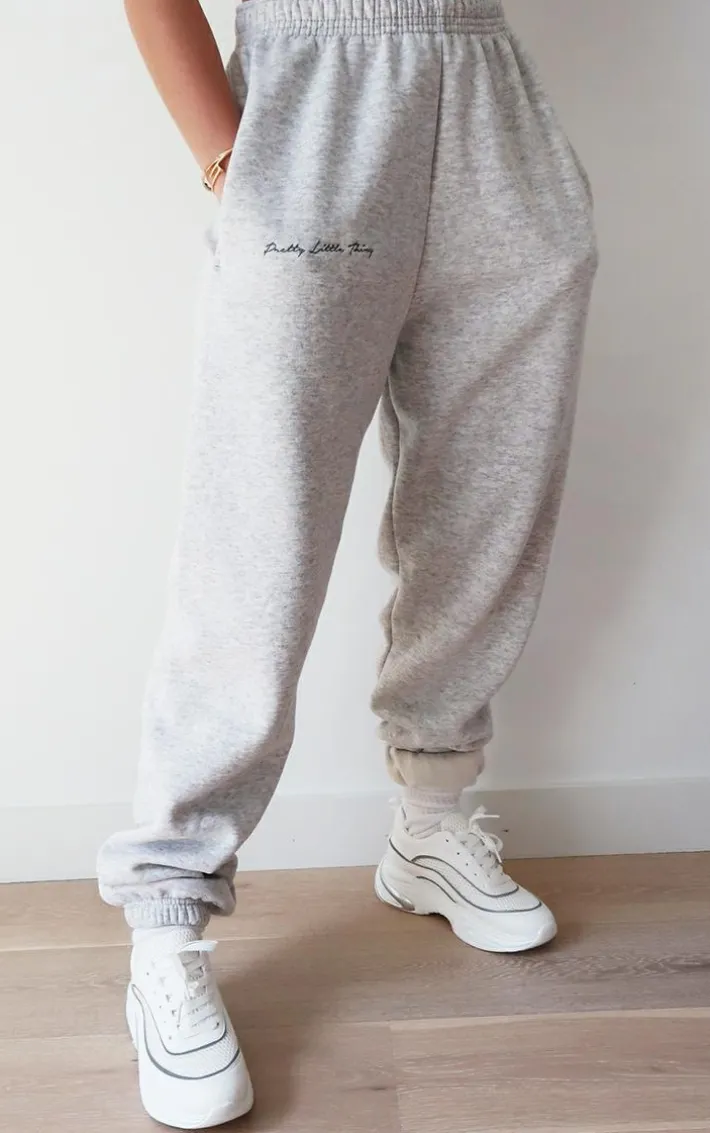 PRETTYLITTLETHING Grey Embroidered Detail Cuffed Sweatpants