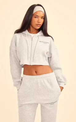 PrettyLittleThing Grey Sweatsuits*Copyright Graphic Zip Through Crop Hoodie