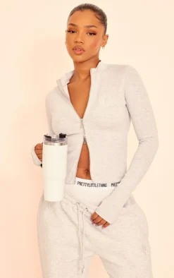 Sale PrettyLittleThing Embroidered Graphic Zip Up Long Top Grey Marl