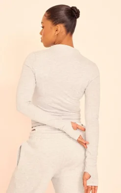 Sale PrettyLittleThing Embroidered Graphic Zip Up Long Top Grey Marl