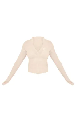 Sale PrettyLittleThing Embroidered Graphic Zip Up Long Top Grey Marl