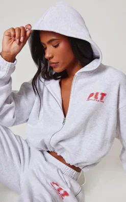 Discount PrettyLittleThing Elasticated Hem Zip Up Hoodie Grey Marl