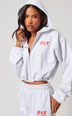 Discount PrettyLittleThing Elasticated Hem Zip Up Hoodie Grey Marl
