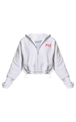 Discount PrettyLittleThing Elasticated Hem Zip Up Hoodie Grey Marl