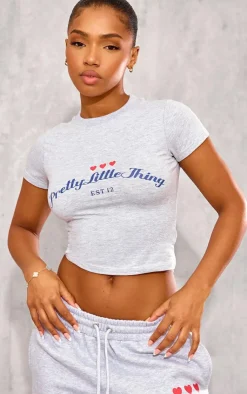 Discount PrettyLittleThing Heart Printed Fitted T Shirt Grey Marl