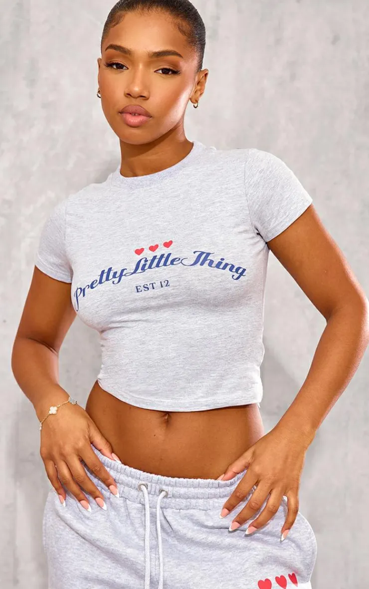 Discount PrettyLittleThing Heart Printed Fitted T Shirt Grey Marl