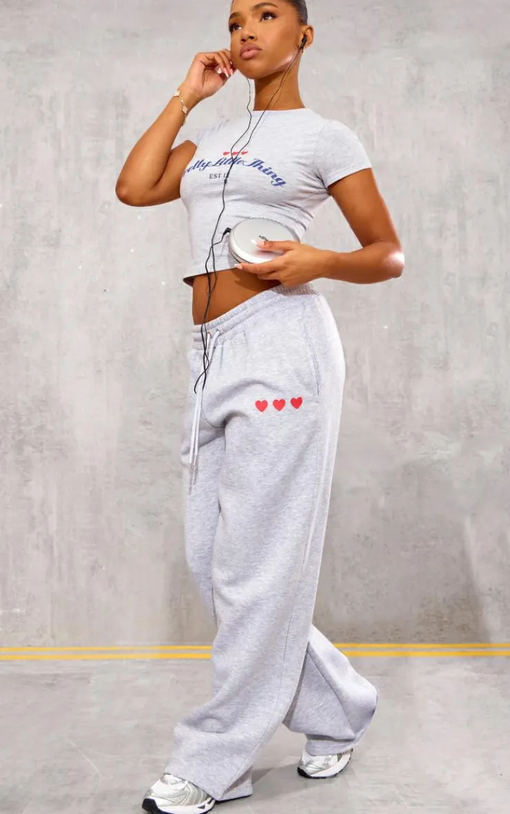 Discount PrettyLittleThing Heart Printed Fitted T Shirt Grey Marl