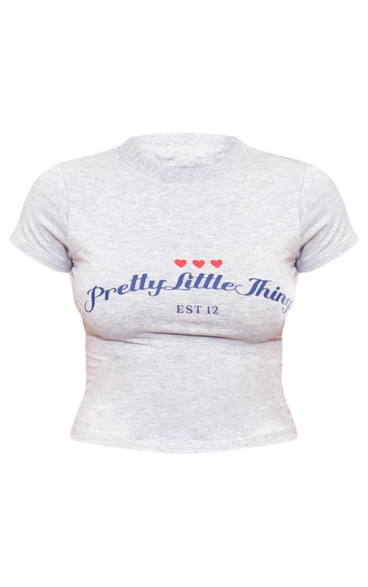 Discount PrettyLittleThing Heart Printed Fitted T Shirt Grey Marl