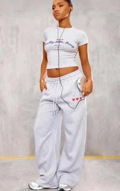 Sale PrettyLittleThing Heart Printed Wide Leg Sweatpants Grey Marl