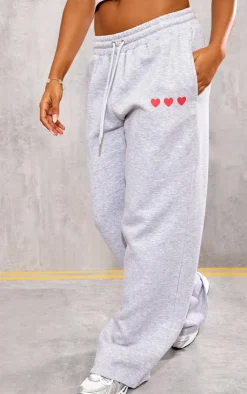 Sale PrettyLittleThing Heart Printed Wide Leg Sweatpants Grey Marl
