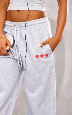 Sale PrettyLittleThing Heart Printed Wide Leg Sweatpants Grey Marl