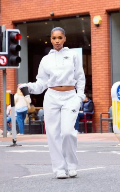 Sale PrettyLittleThing Embroidered Cinched Waist Cropped Hoodie Grey Marl