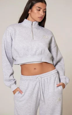 Clearance PrettyLittleThing Tonal Embroidered Cropped Half Zip Sweatshirt Grey Marl