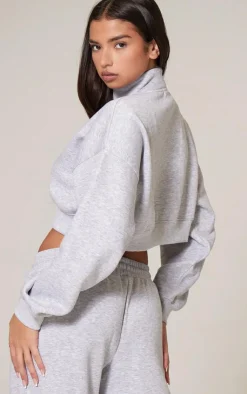 Clearance PrettyLittleThing Tonal Embroidered Cropped Half Zip Sweatshirt Grey Marl