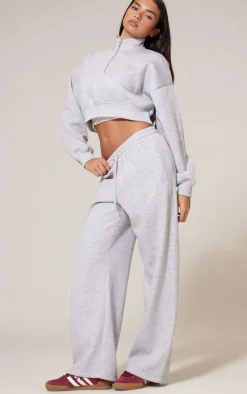 Clearance PrettyLittleThing Tonal Embroidered Cropped Half Zip Sweatshirt Grey Marl