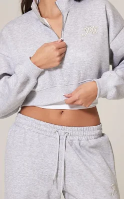 Clearance PrettyLittleThing Tonal Embroidered Cropped Half Zip Sweatshirt Grey Marl