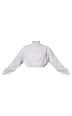 Clearance PrettyLittleThing Tonal Embroidered Cropped Half Zip Sweatshirt Grey Marl