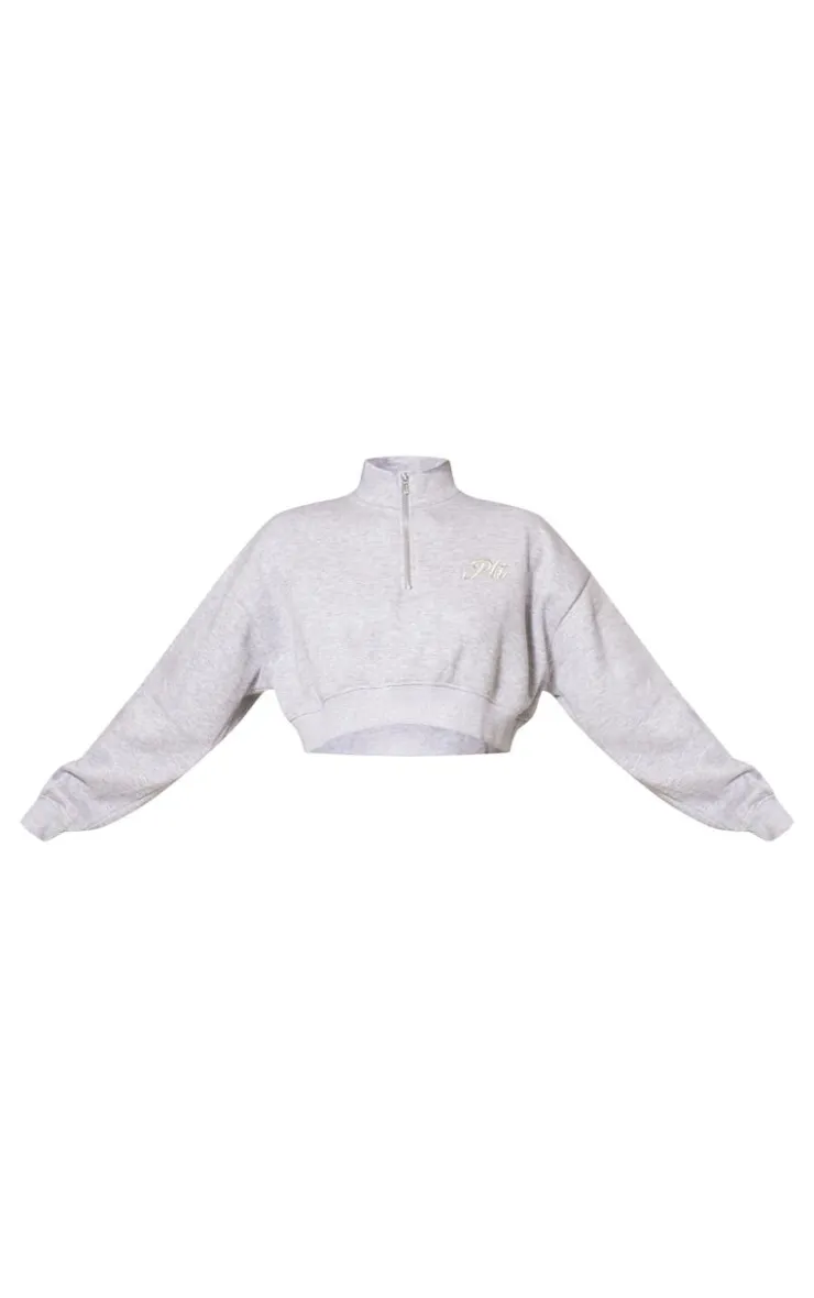 Clearance PrettyLittleThing Tonal Embroidered Cropped Half Zip Sweatshirt Grey Marl