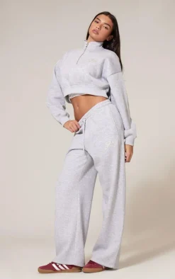 Hot PrettyLittleThing Tonal Embroidered Wide Leg Sweatpant Grey Marl