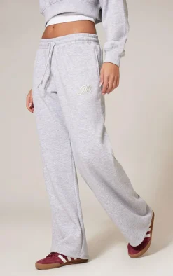 Hot PrettyLittleThing Tonal Embroidered Wide Leg Sweatpant Grey Marl