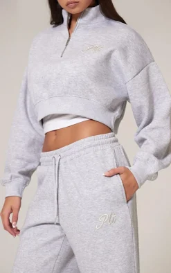 Hot PrettyLittleThing Tonal Embroidered Wide Leg Sweatpant Grey Marl