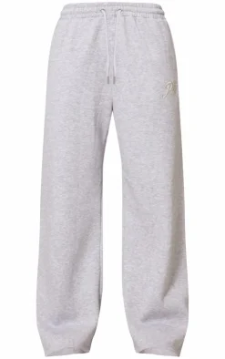 Hot PrettyLittleThing Tonal Embroidered Wide Leg Sweatpant Grey Marl