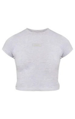 Best PrettyLittleThing Badge Longline Fitted T Shirt Grey Marl