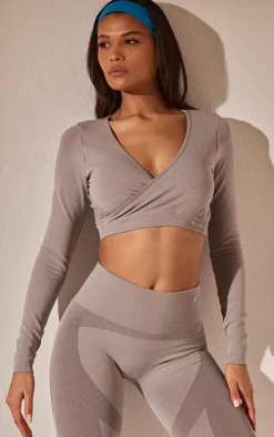 PrettyLittleThing Workout Tops*Sport Seamless Cross Front Long Sleeve Crop Top