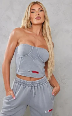 Discount PrettyLittleThing Washed Rib Panel Bandeau Corset Top Grey