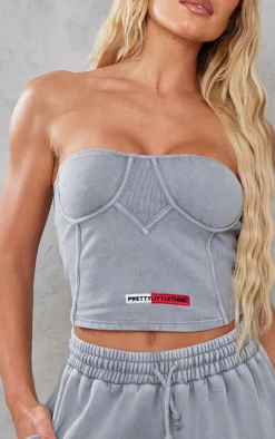 Discount PrettyLittleThing Washed Rib Panel Bandeau Corset Top Grey