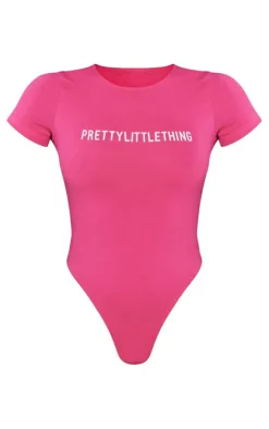 Sale PrettyLittleThing Logo Short Sleeve Bodysuit Hot Pink