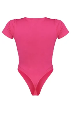 Sale PrettyLittleThing Logo Short Sleeve Bodysuit Hot Pink