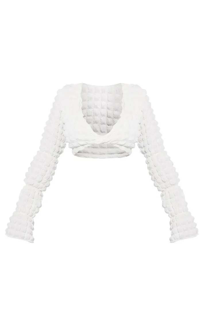 PRETTYLITTLETHING Ivory Bubble Textured Long Sleeve Beach Top