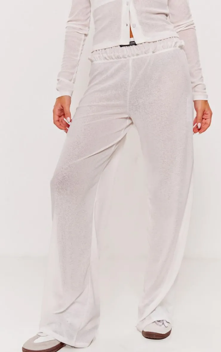 New PrettyLittleThing Ivory Sheer Burnout Mesh Straight Leg Pants Pale Grey
