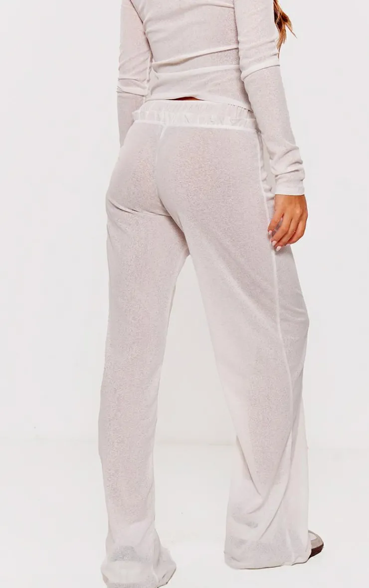 New PrettyLittleThing Ivory Sheer Burnout Mesh Straight Leg Pants Pale Grey