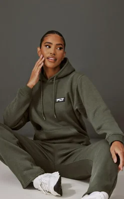 Sale PrettyLittleThing Badge Logo Detail Straight Leg Sweatpants Khaki