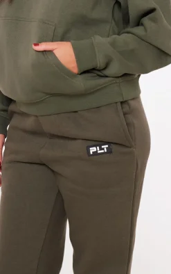 Sale PrettyLittleThing Badge Logo Detail Straight Leg Sweatpants Khaki