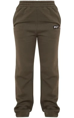 Sale PrettyLittleThing Badge Logo Detail Straight Leg Sweatpants Khaki