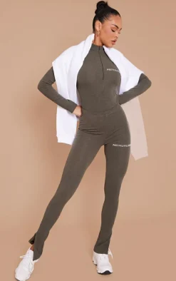 Hot PrettyLittleThing Crinkle Rib Split Hem Leggings Khaki