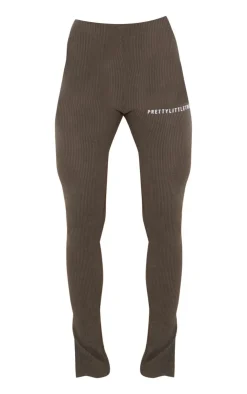Hot PrettyLittleThing Crinkle Rib Split Hem Leggings Khaki