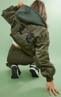 PrettyLittleThing Bomber Jackets*Graphic Back Jersey Hooded Bomber Jacket