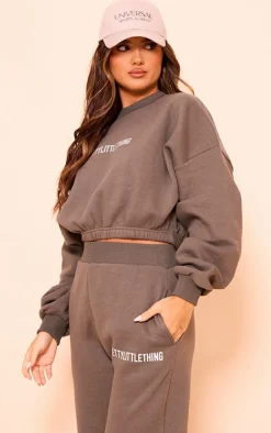 New PrettyLittleThing Logo Oversized Cinched Cropped Sweatshirt Khaki