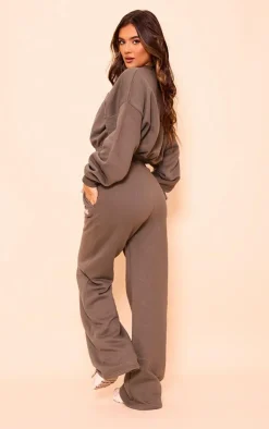 New PrettyLittleThing Logo Oversized Cinched Cropped Sweatshirt Khaki