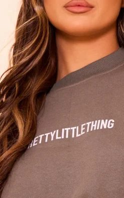 New PrettyLittleThing Logo Oversized Cinched Cropped Sweatshirt Khaki