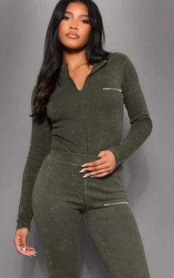 Sale PrettyLittleThing Khaki Print Washed Rib Half Zip Bodysuit Washed Khaki