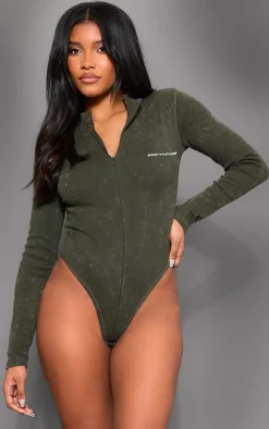 Sale PrettyLittleThing Khaki Print Washed Rib Half Zip Bodysuit Washed Khaki